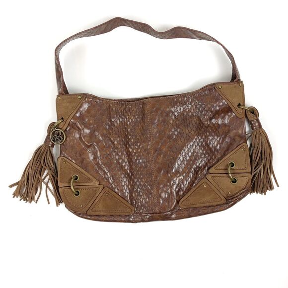 JESSICA SIMPSON Brown Faux Leather Reptile Tassle Shoulder Bag Purse - Picture 1 of 12